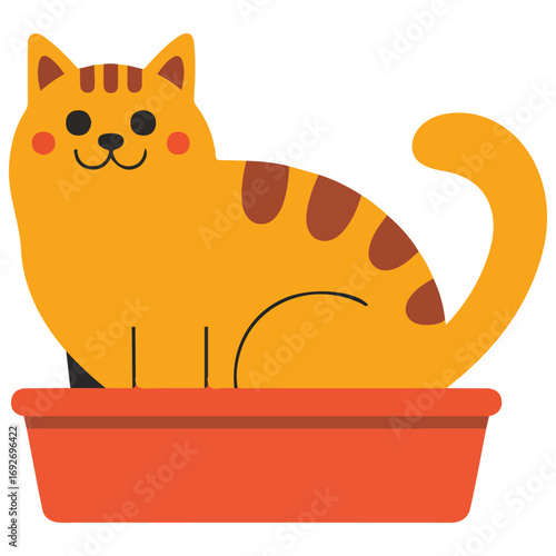 Cartoon cat using litter box with scoop tool isolated vector illustration on white background