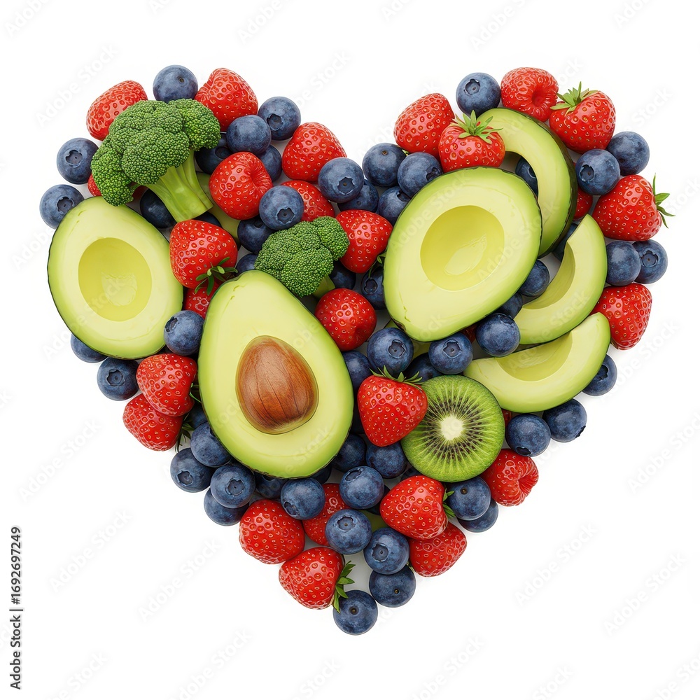 Obraz premium Heart made of fresh fruits and vegetables, symbolizing healthy eating, clean eating, nutrition, wellness, heart health, diet planning, vegan food, lifestyle design