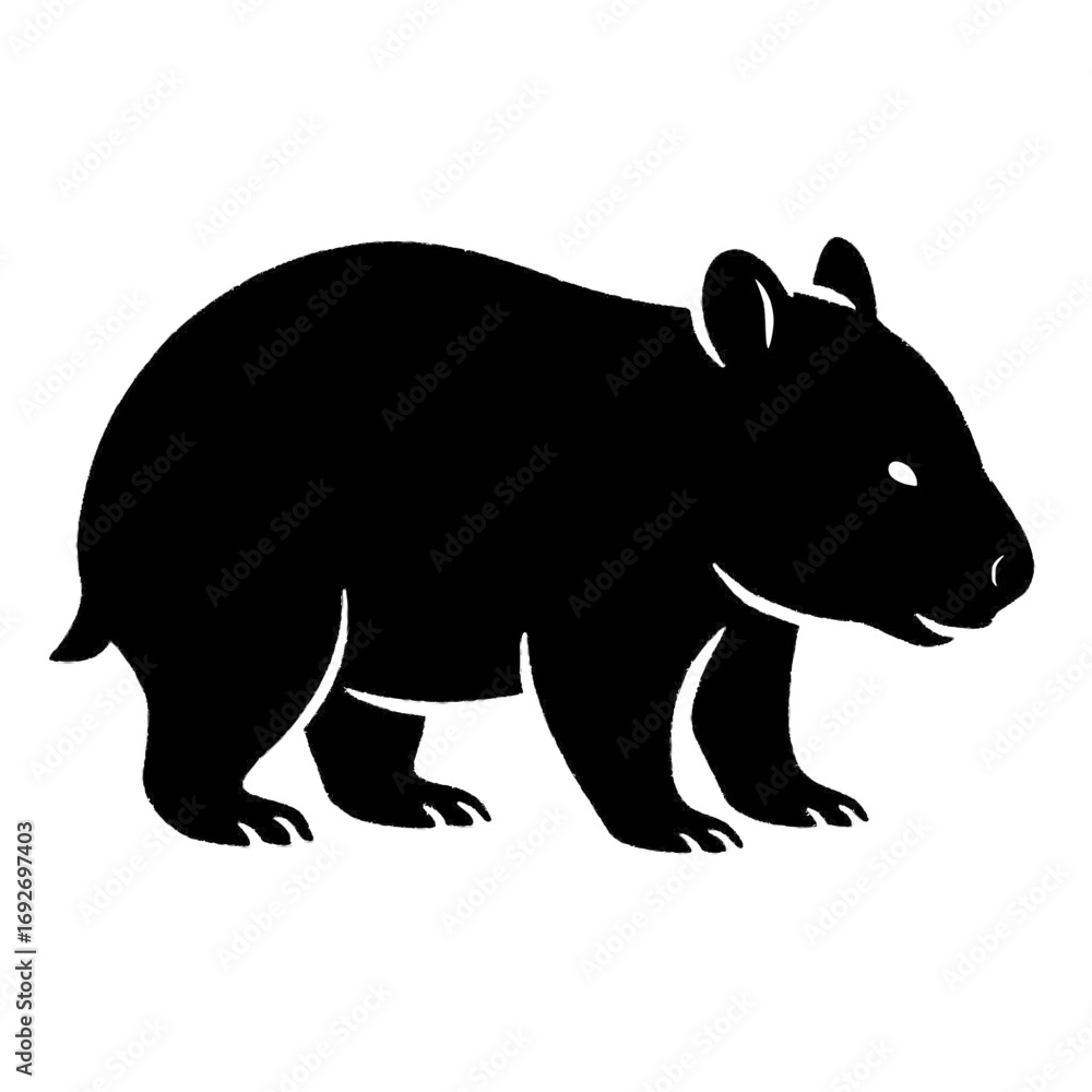 Obraz premium A black silhouette of a wombat standing on four legs with its tail visible isolated on white background