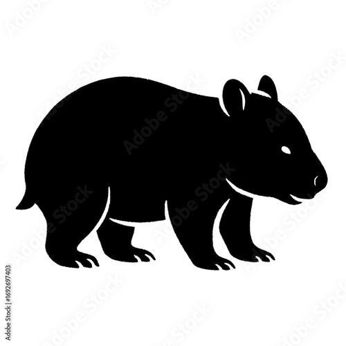 A black silhouette of a wombat standing on four legs with its tail visible isolated on white background