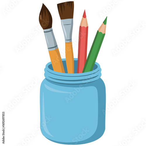 Jar containing painting brushes for art project isolated vector illustration on white background