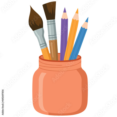 Container with art brushes for creative drawing isolated vector illustration on white background