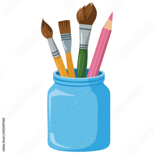 Isolated jar with paint brushes art supplies isolated vector illustration on white background