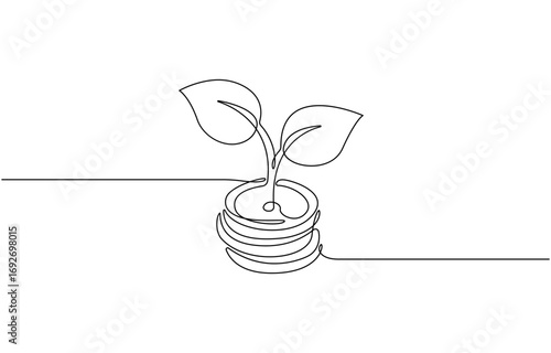Continuous one line drawing of money seeds on transparent background, vector illustration of money plant symbol and financial investment growth concept.