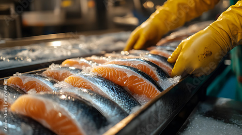Hands of a fish factory worker gathering packed fish
