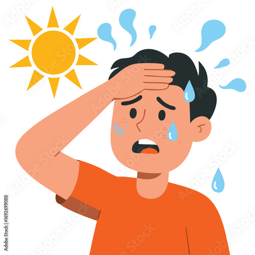 Man with sunburn exhausted in heat isolated vector illustration on white background