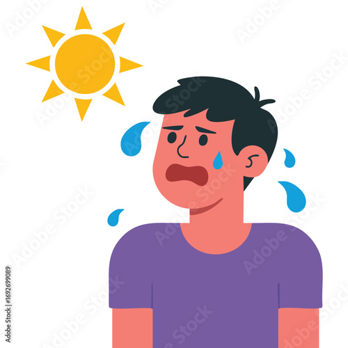 Sunburned man suffering in hot weather isolated vector illustration on white background