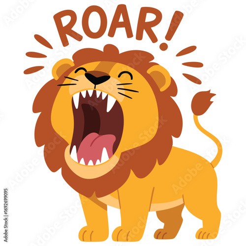 Cute cartoon lion roaring mouth open isolated vector illustration on white background