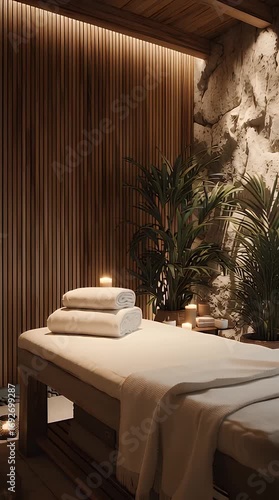 Luxury spa massage bed with candles and natural decor