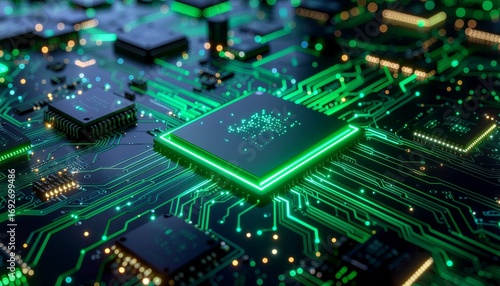 Closeup of glowing green computer microchip on circuit board