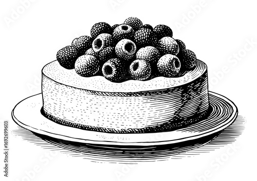 Berry torte cake in a vintage woodcut style in black and white