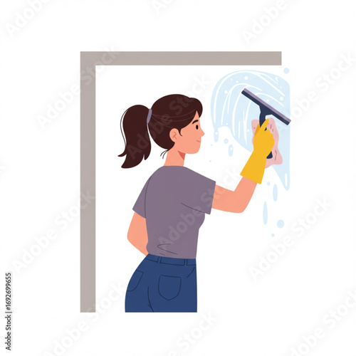 A woman cleaning a window with a squeegee, representing housekeeping chores and daily tasks. She's wearing yellow gloves and focused on the task.