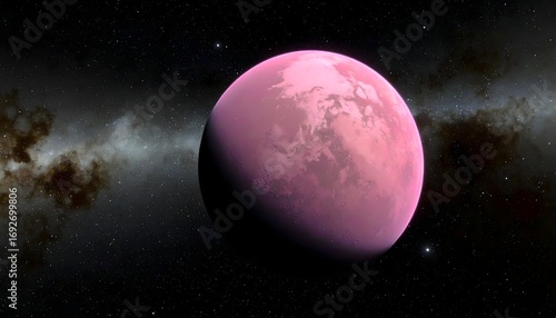 a close up of a pink planet in the sky with a star in the background