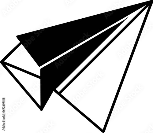 Minimalist paper plane graphic illustration. A black and white vector icon representing flight, travel, communication, and ideas