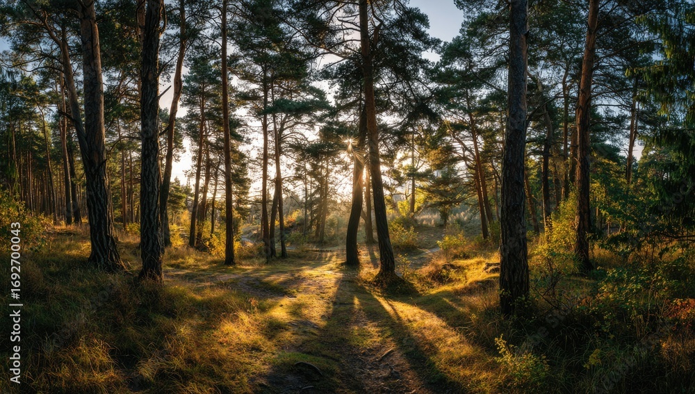 Fototapeta premium Sunlit forest path at sunset