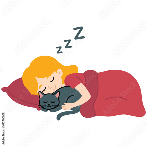 Sleeping girl with cat sweet dreams isolated vector illustration on white background