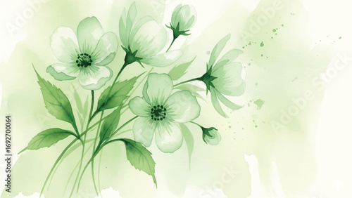 Watercolor floral bouquet with green leaves, Elegant watercolor flowers on a soft background, Delicate botanical design for wedding invitations
, and-painted green flower pattern for textile printing