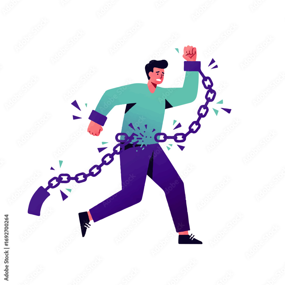 Fototapeta premium Man breaking free from chains, running with a determined expression, symbolizing liberation and overcoming obstacles.