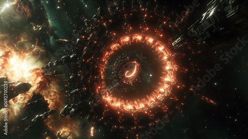 Fototapeta Naklejka Na Ścianę i Meble -  Futuristic space station with glowing portal in outer space view