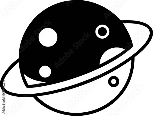 Stylized monochrome illustration of a celestial body with prominent rings orbiting through the vastness of space, representing exploration and cosmic wonder