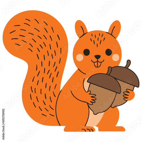 Happy squirrel holding acorn isolated vector illustration on white background