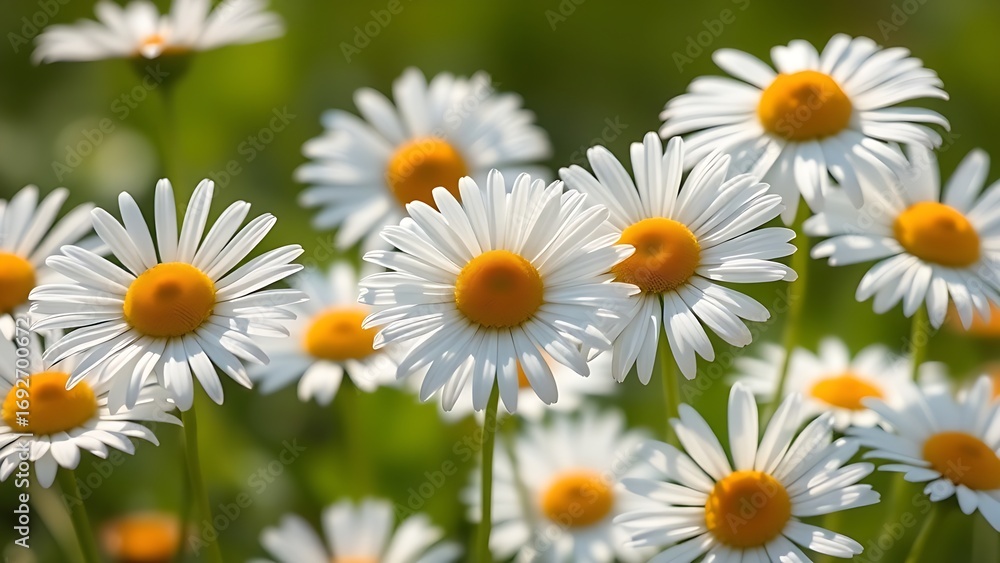 Fototapeta premium Fresh daisies bathed in sunlight with a soft green background, showcasing delicate petals in close-up.