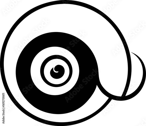 An elegant abstract illustration of a captivating spiral shell, rendered in stark black and white, evoking the serene beauty of oceanic natural forms with a minimalist graphic design approach