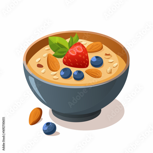 Flat Illustration Oatmeal Bowl with Strawberry Blueberry Almond and Leaf