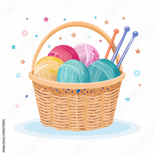 Cute Cartoon Basket with Colorful Wool Ball and Knitting Needle