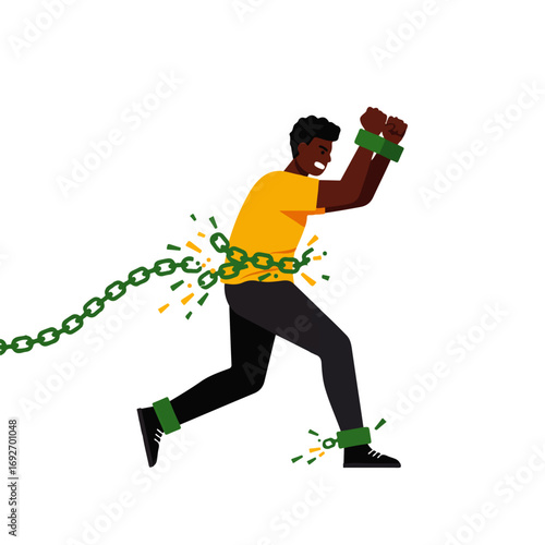 A dark-skinned man struggles to break free from green chains wrapped around his wrists, waist, and ankles, with sparks flying.