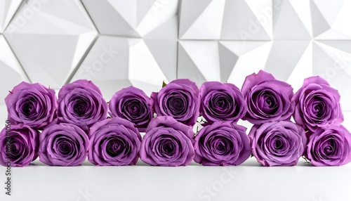 purple roses are arranged in a row on a white surface