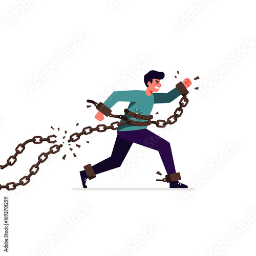 A man breaks free from chains, running forward with determination and anger, symbolizing overcoming obstacles and achieving freedom.