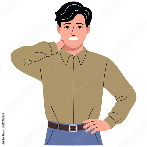 Young man rubbing painful back isolated vector illustration on white background