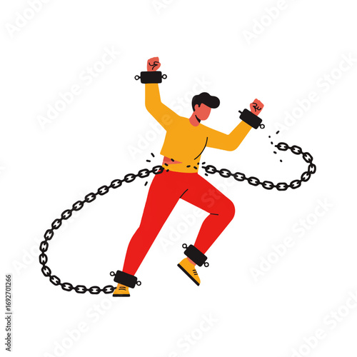 A man breaks free from chains, symbolizing liberation, overcoming obstacles, and achieving freedom, depicted in a flat vector illustration.
