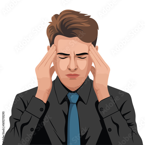 Man suffering terrible headache isolated vector illustration on white background