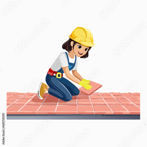 Cartoon Style Cheerful Woman Laying Floor Tile Home Improvement Illustration