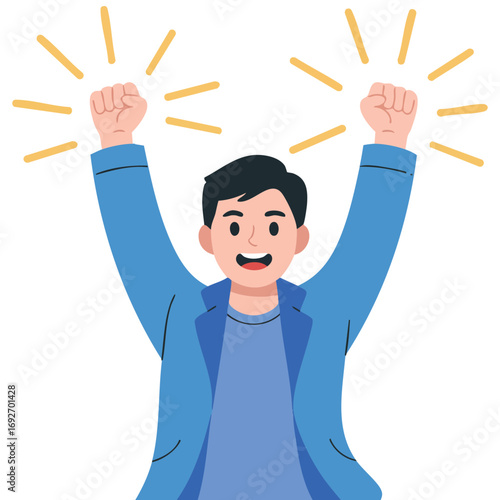 Young man victory hands excitement isolated vector illustration on white background