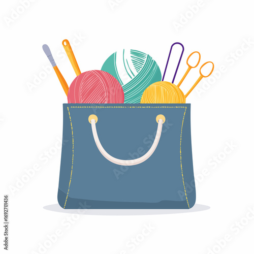 Flat Design Denim Knitting Bag with Yarn and Needlework Supplies