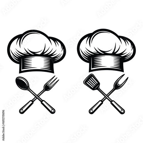 Vector art of two chef hats with crossed kitchen utensils
