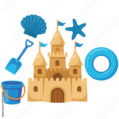 Sand castle with kit on beach isolated vector illustration on white background