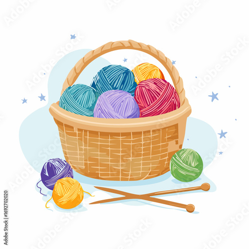 Cute Detailed Basket Full of Colorful Yarn Ball Knitting Concept