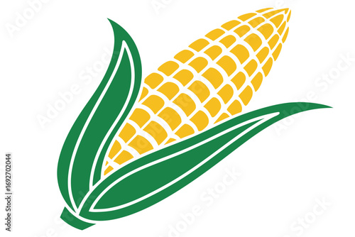 Stylized Yellow Corn Cob with Green Husks and Leaves on White Background maize grain