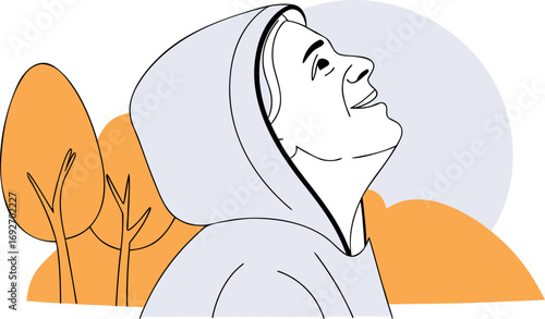 This illustration depicts a person in a hooded garment, looking upwards with a gentle smile. 