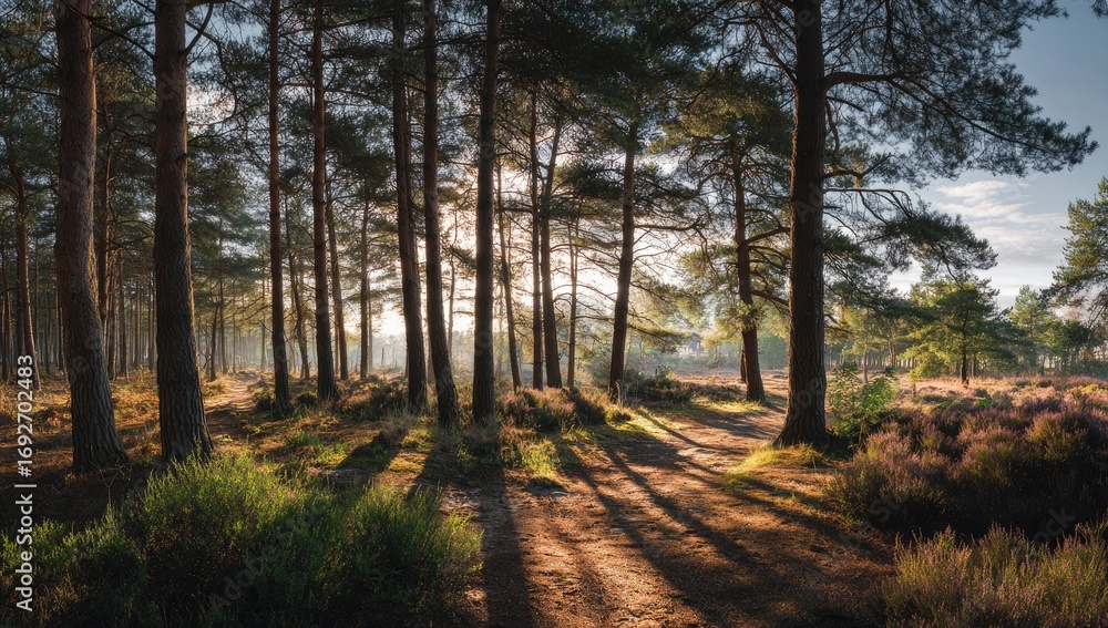 Fototapeta premium Sunlight filtering through a dense pine forest