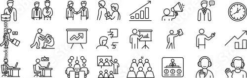 Business and office icons for teamwork, presentations, meetings, growth, communication, leadership, customer support, remote work, and time management
