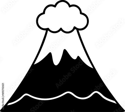 Minimalist black and white vector icon of an erupting volcano. This isolated graphic illustration represents a natural geologic event