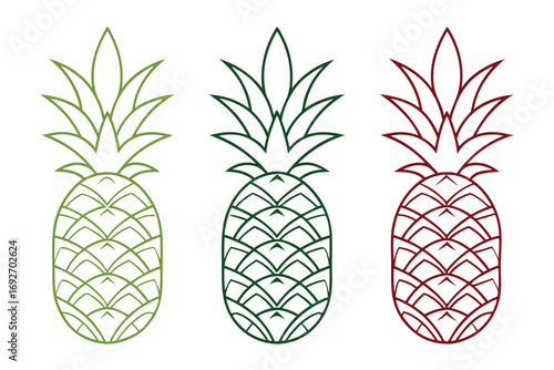Three Outline Pineapples in Green and Red Colors fruit food