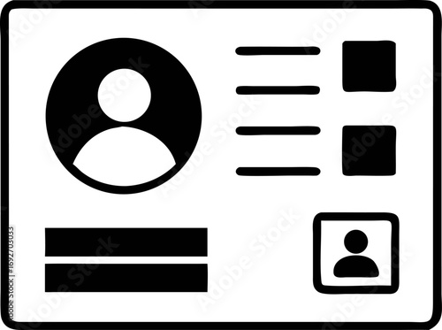 Black and white vector icon of a generic ID card. Minimalist flat design for identity, security, and personal verification concepts. (842)