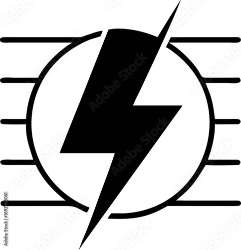 Sleek black lightning bolt icon within a circle, symbolizing electrical energy, raw power, and technological innovation in a bold graphic form