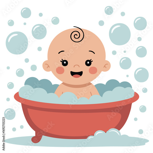 Baby in bath with bubbles illustration isolated vector illustration on white background